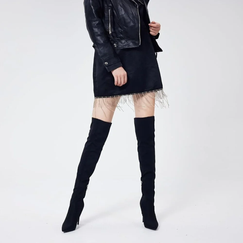 Women Black Neoprene Suede Pointed Toe 4.3 inch Stilettos Thigh High Heels Boots